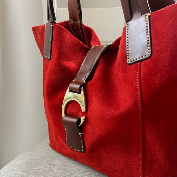 Dooney & Bourke Red Suede Tote with Leather Trim | Statement Lock Bag - Picture 7 of 11